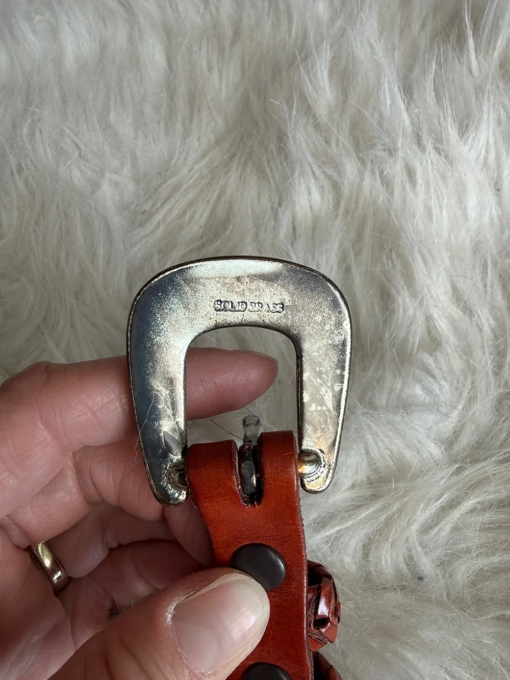 Burnt orange brown fishtail herringbone leather belt Mexican brass buckle 56